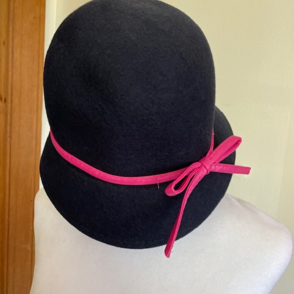 BIG BUDDHA Navy Wool Pink Ribbon Accent Bucket Hat
